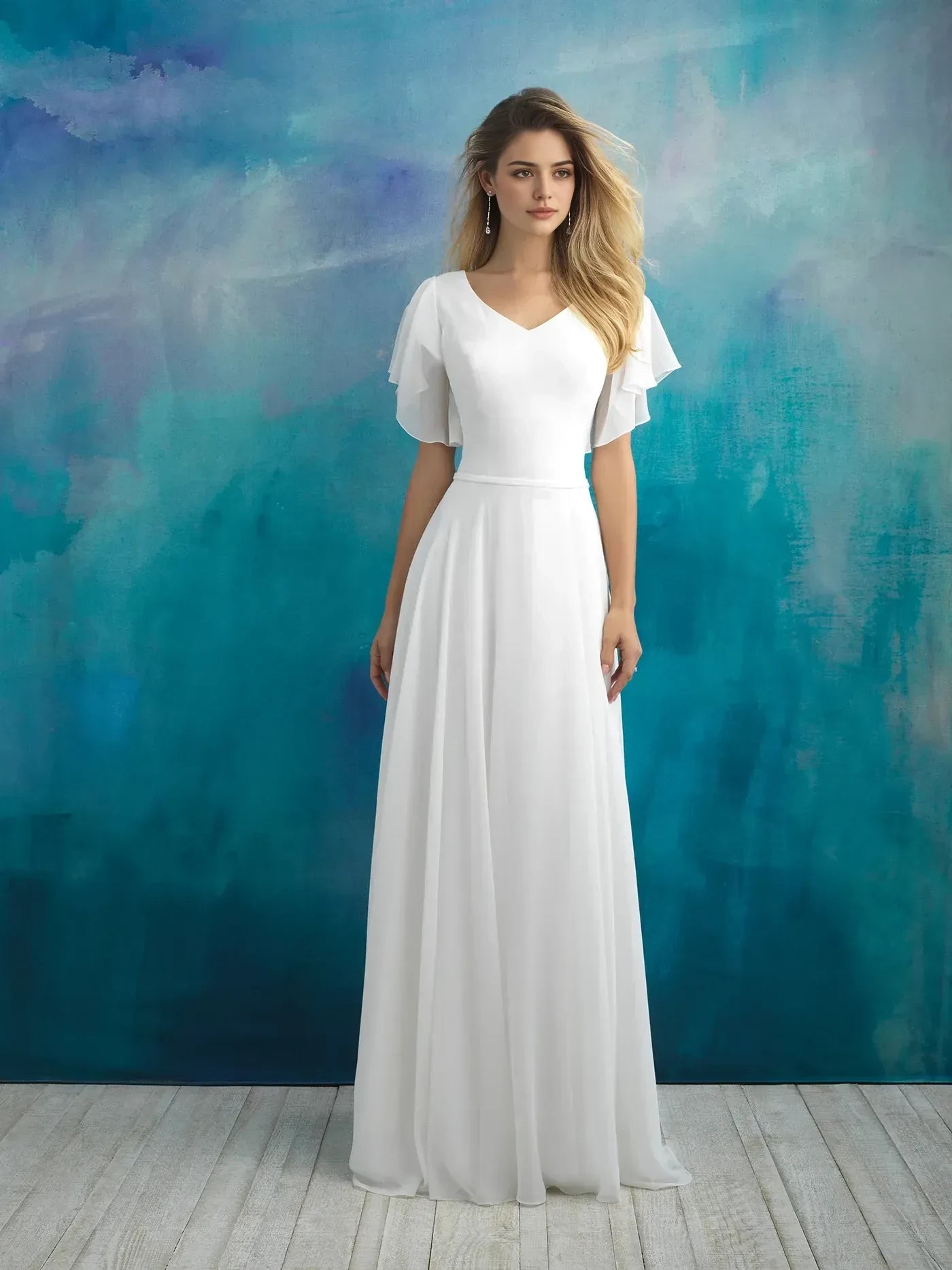 Airy A Line V Neck Flutter Sleeve Button Back Floor Length Wedding Dress