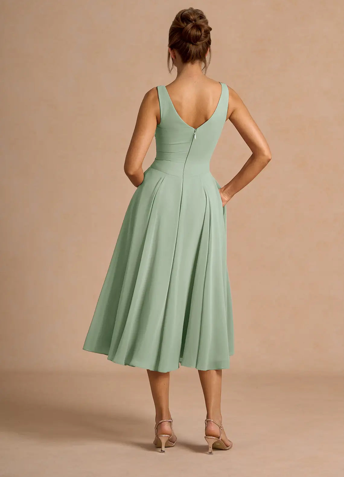 Airy Fit and Flare V Neck Sleeveless V Back Midi Length Female Prom Dress