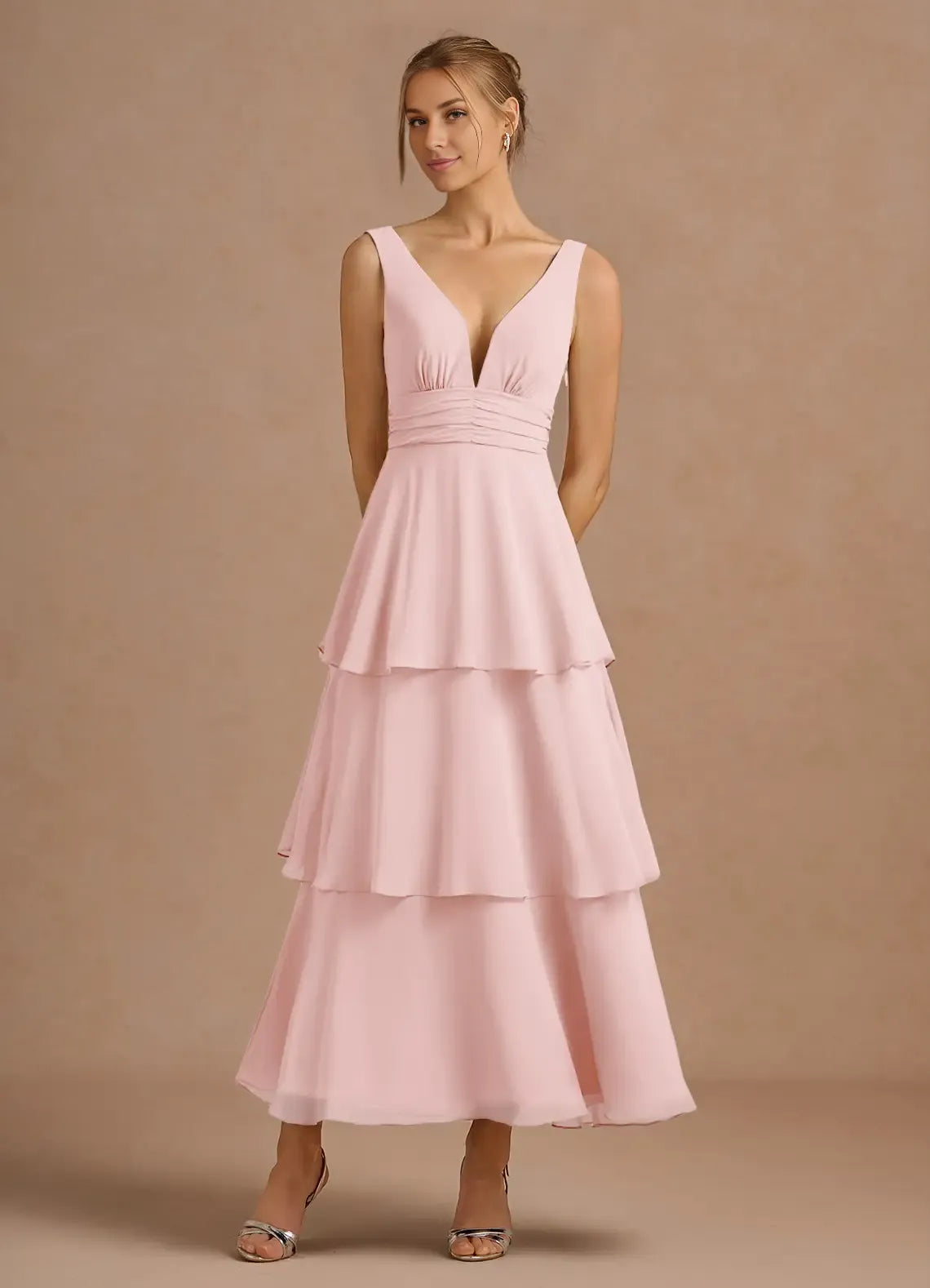 Airy Tiered Deep V Neck Sleeveless V Back Midi Length For Sale Prom Dress