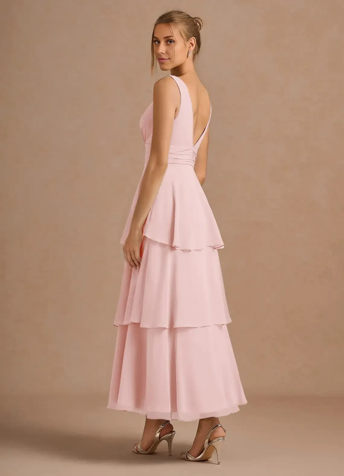 Airy Tiered Deep V Neck Sleeveless V Back Midi Length For Sale Prom Dress