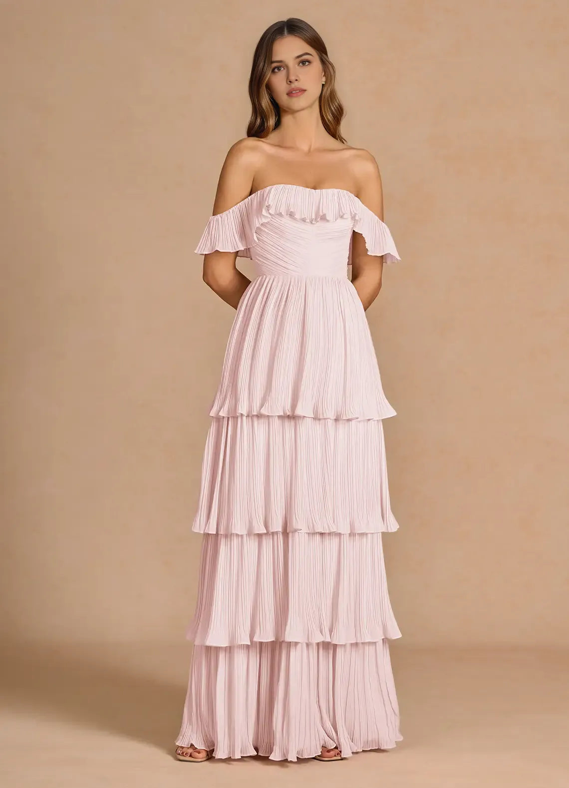 Airy Tiered Off the Shoulder Short Sleeve Open Back Floor Length For Women Prom Dress