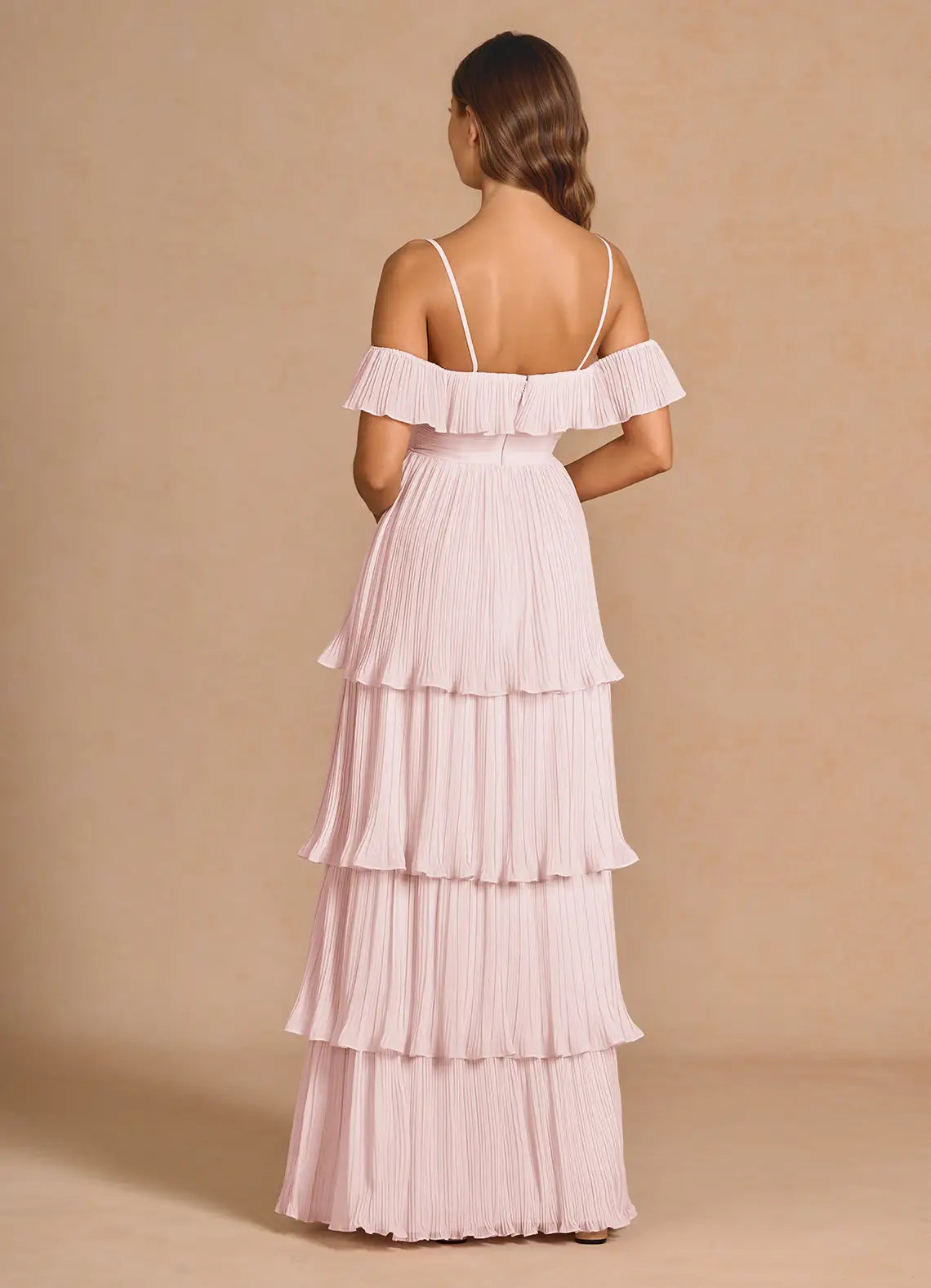 Airy Tiered Off the Shoulder Short Sleeve Open Back Floor Length For Women Prom Dress