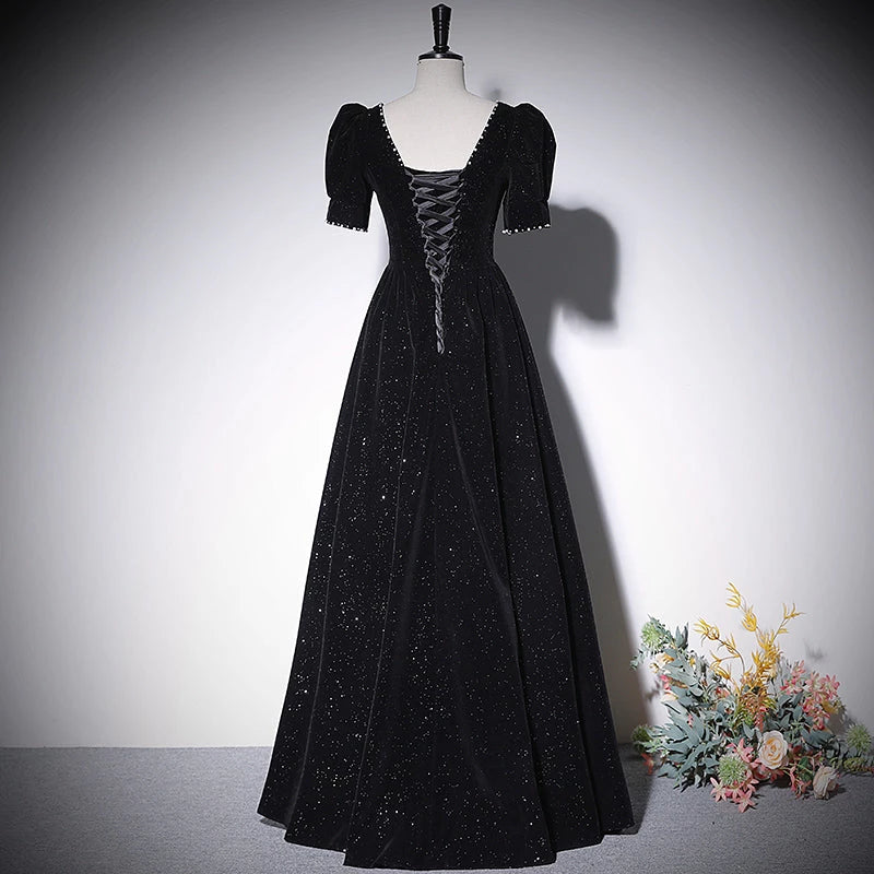 A line Black Short Sleeve Lace Up Floor Length Evening Dress Party Dresses Prom Dress