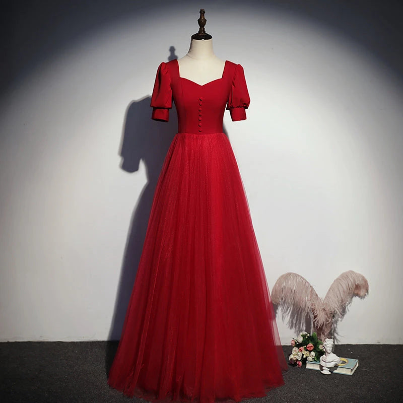A line Red Tulle Short Sleeve Lace Up Floor Length Evening Dress Party Dresses Prom Dress