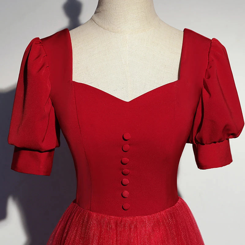 A line Red Tulle Short Sleeve Lace Up Floor Length Evening Dress Party Dresses Prom Dress