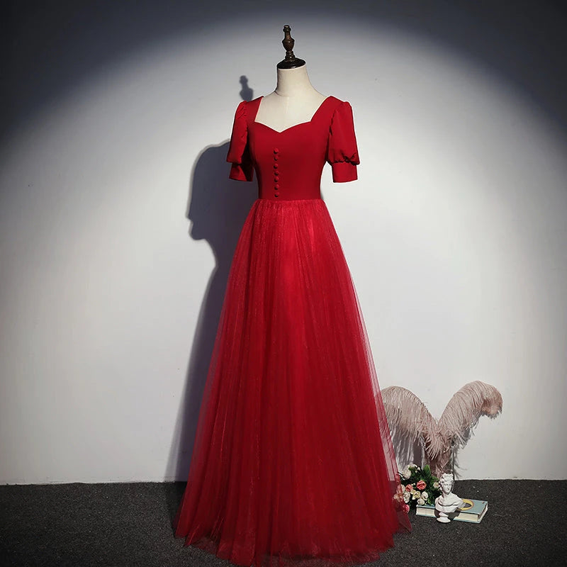 A line Red Tulle Short Sleeve Lace Up Floor Length Evening Dress Party Dresses Prom Dress