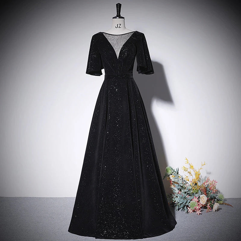 A line Sequin V Neck Short Sleeve Formal Lace Up Floor Length Evening Dress Party Dresses Prom Dress