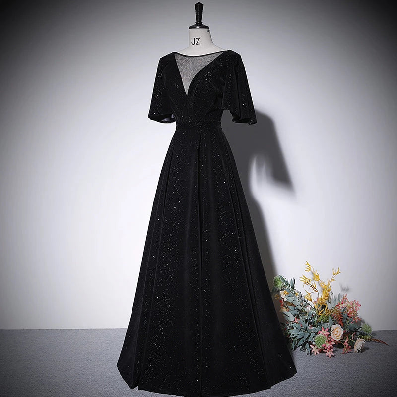 A line Sequin V Neck Short Sleeve Formal Lace Up Floor Length Evening Dress Party Dresses Prom Dress