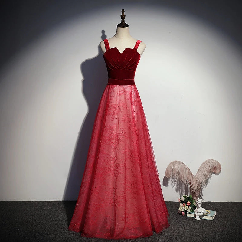 A line Sleeveless  Velvet Lace Up Floor Length Evening Dress Party Dresses Prom Dress