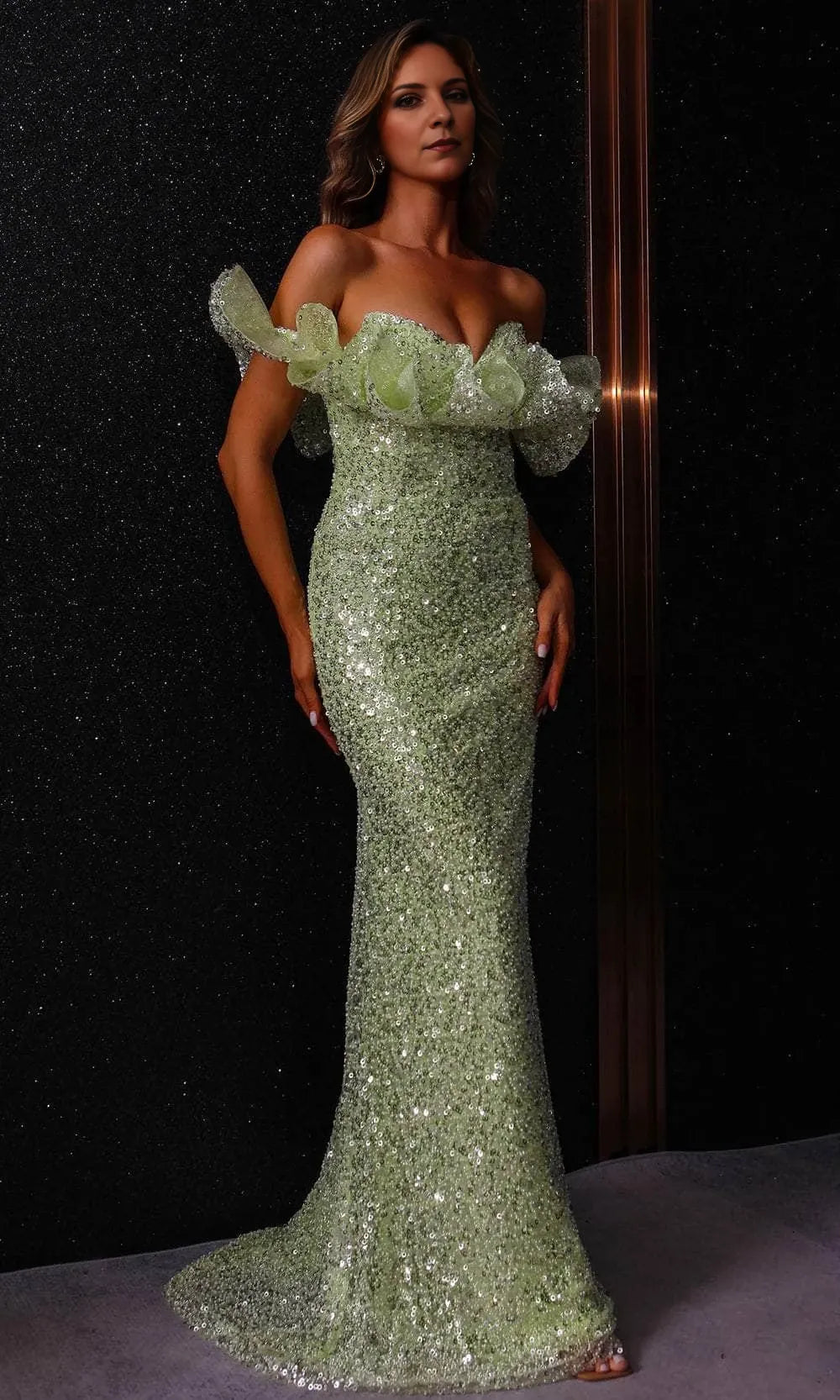 Allover Sequin Ruffled Neckline Spaghetti Strap Sleeveless Off the shoulder Floor length Cocktail Dress Homecoming Dress Evening Dress Party Dress Prom Dress