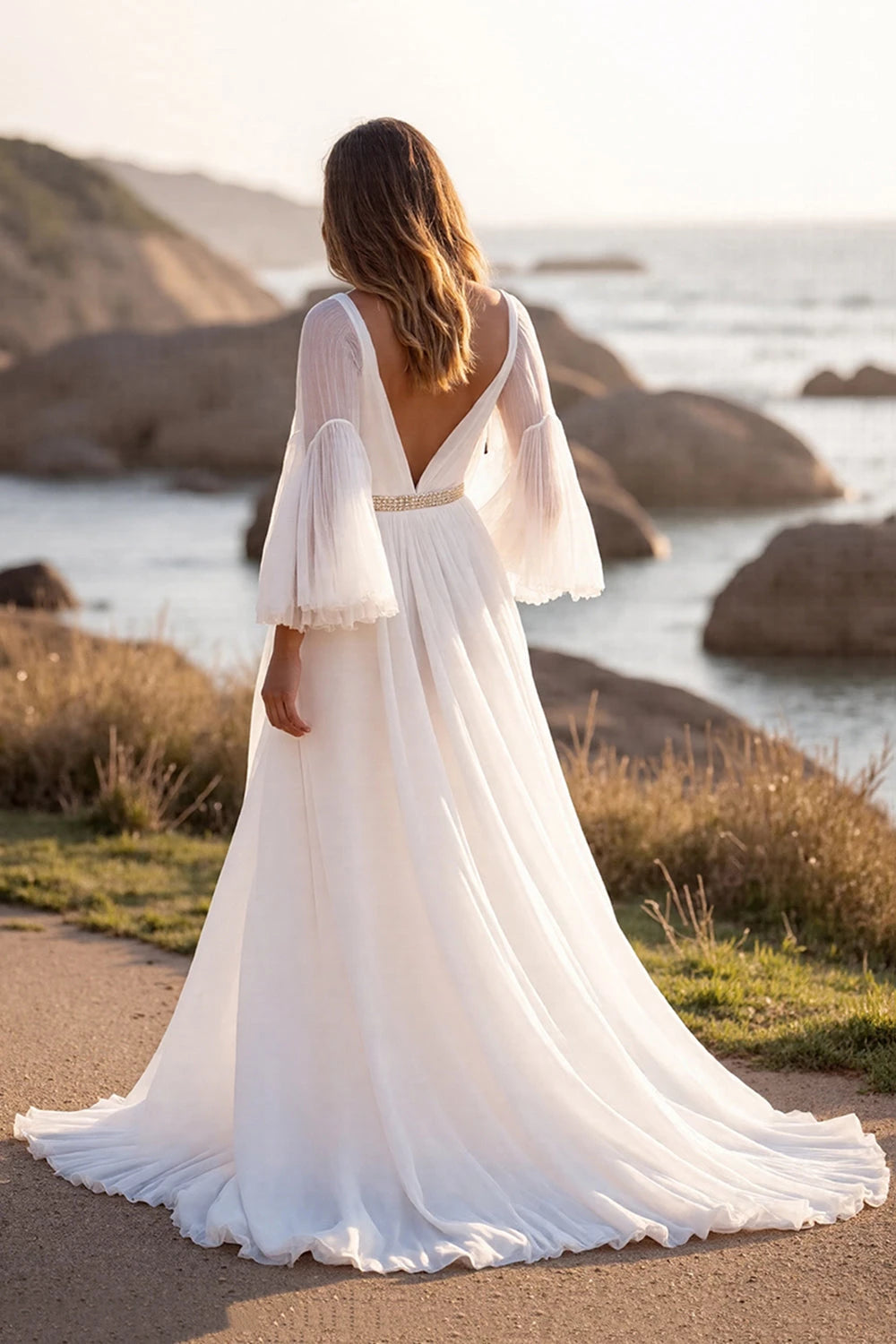 Alluring A Line Deep V Neck Bell Sleeve Open Back Floor Length Wedding Dress