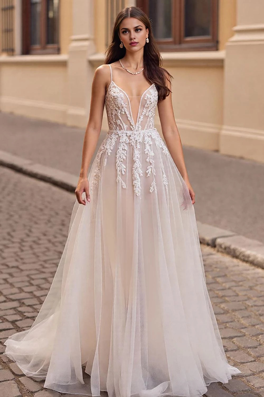 Alluring A Line Deep V Neck Spaghetti Strap Open Back Floor Length Wedding Dress