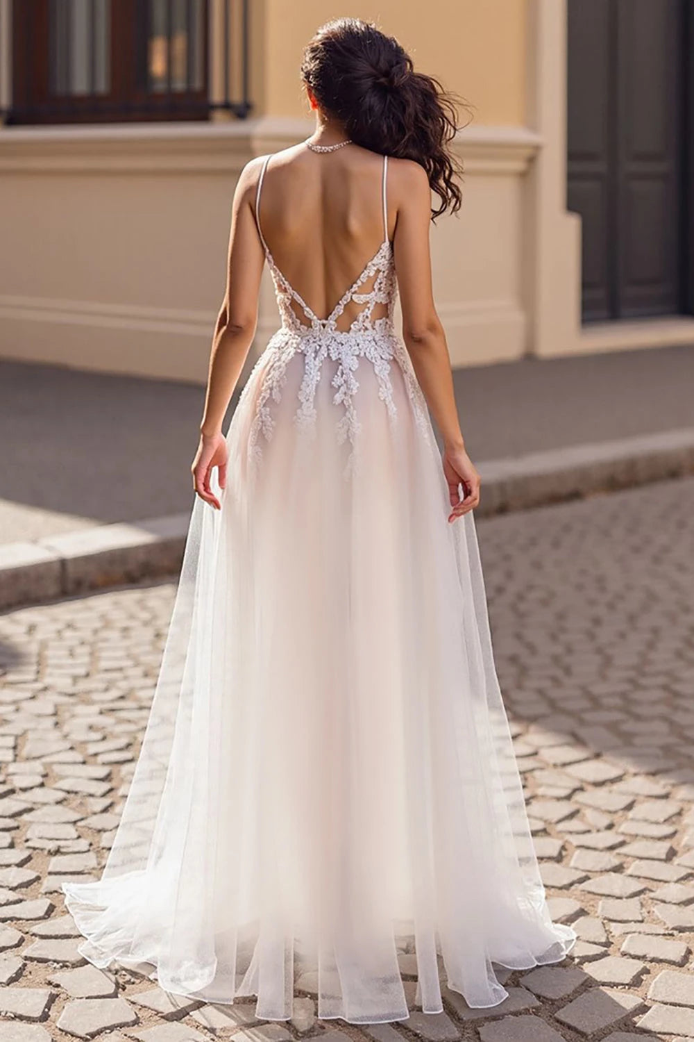 Alluring A Line Deep V Neck Spaghetti Strap Open Back Floor Length Wedding Dress