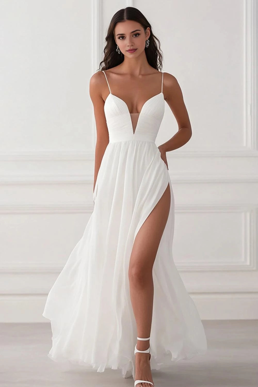 Alluring A Line Deep V Neck Spaghetti Strap Plain Back Floor Length Wedding Dress