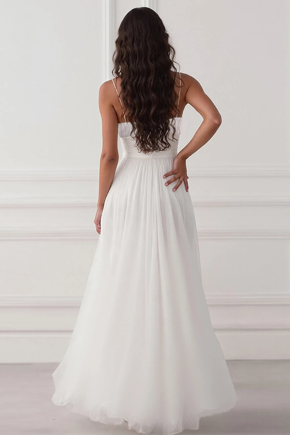 Alluring A Line Deep V Neck Spaghetti Strap Plain Back Floor Length Wedding Dress