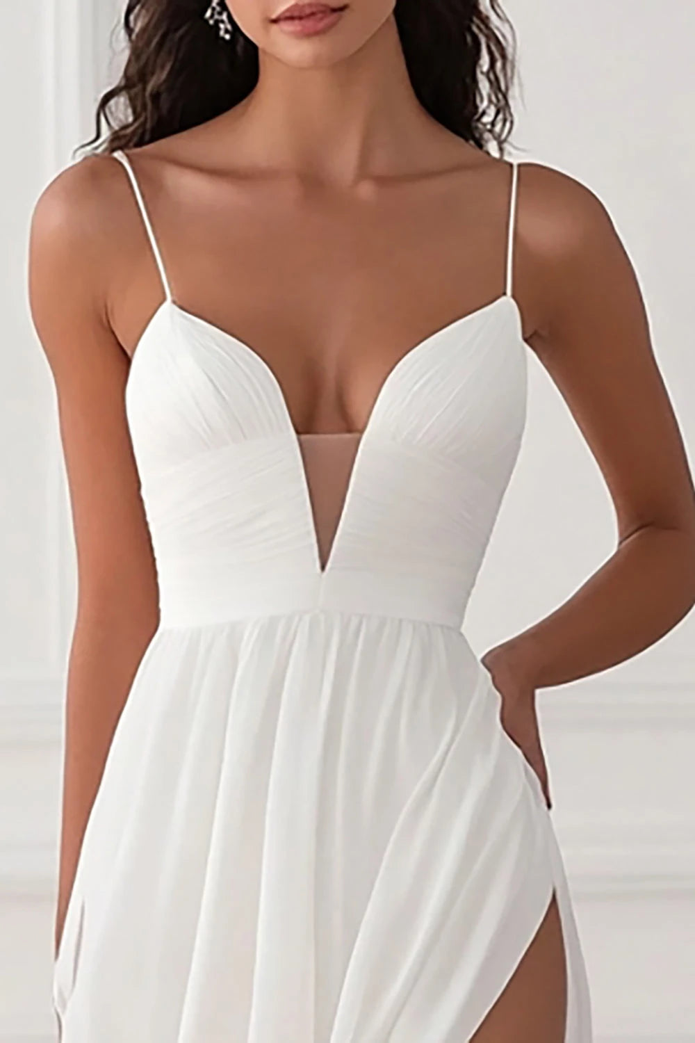 Alluring A Line Deep V Neck Spaghetti Strap Plain Back Floor Length Wedding Dress