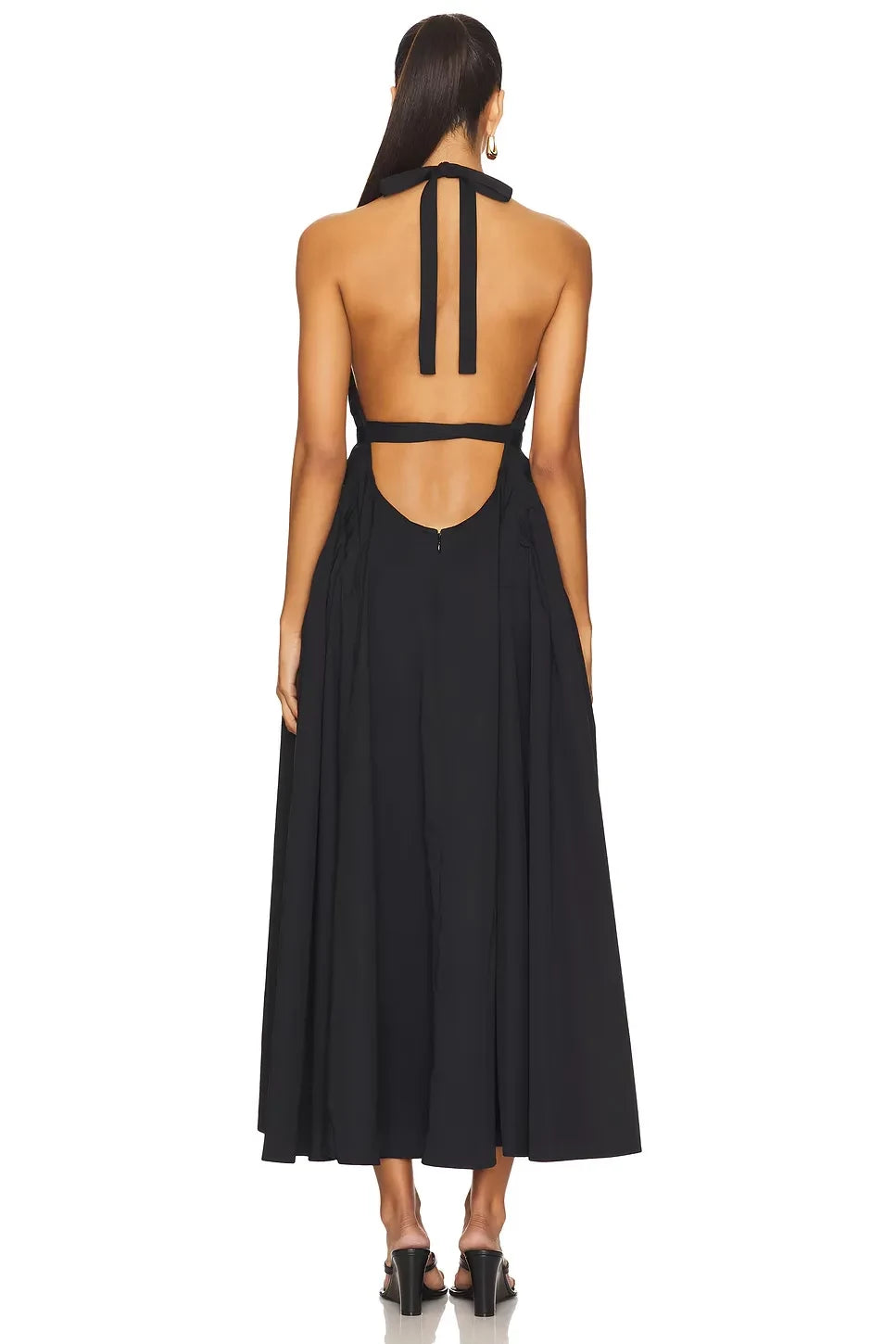 Alluring A Line Halter Neck Sleeveless Cutout Back Midi Evening Dress