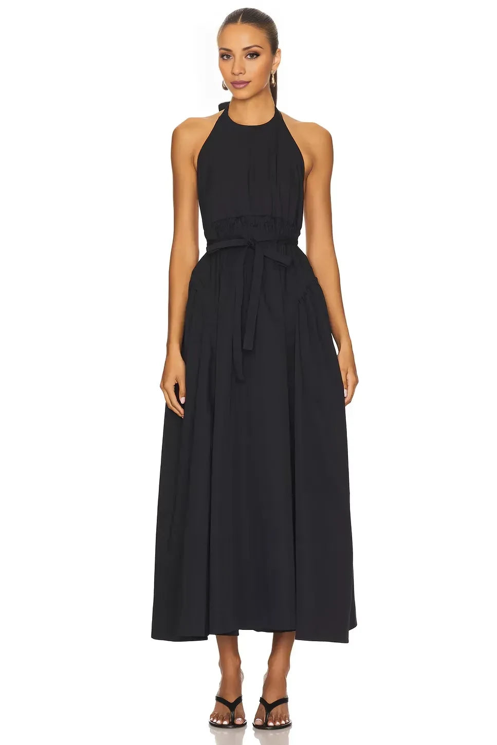 Alluring A Line Halter Neck Sleeveless Cutout Back Midi Evening Dress