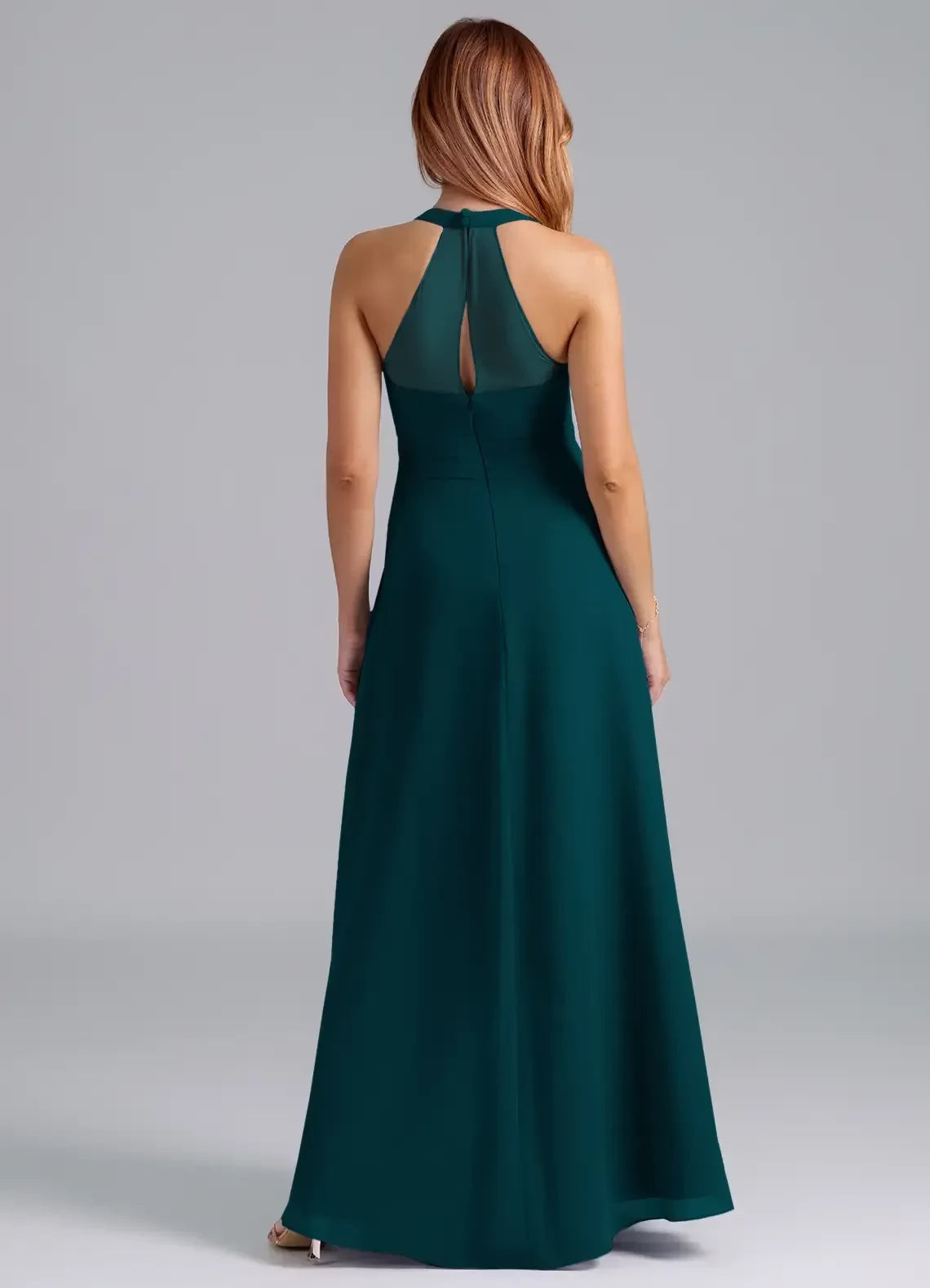 Alluring A Line Halter Neck Sleeveless Keyhole Back Floor Length Bridesmaid Dress