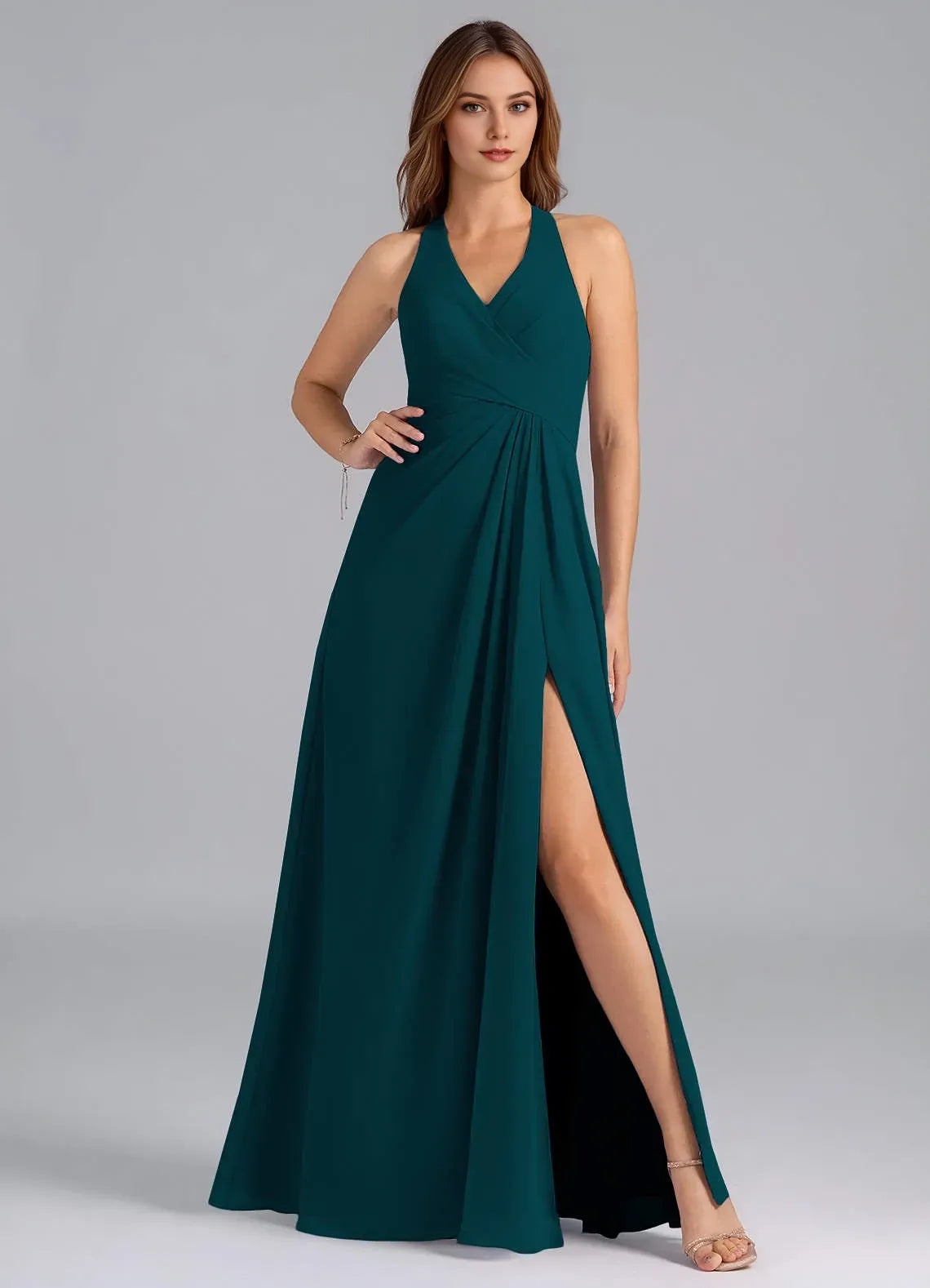 Alluring A Line Halter Neck Sleeveless Keyhole Back Floor Length Bridesmaid Dress