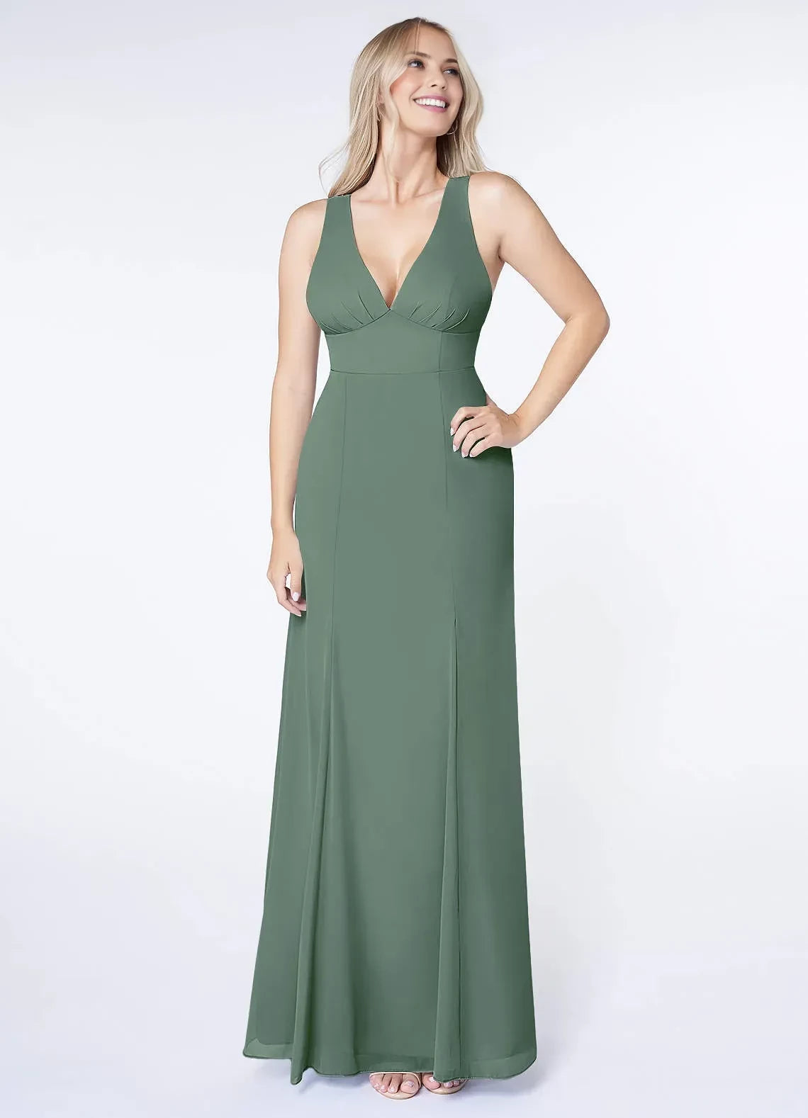 Alluring A Line Plunging V Neck Sleeveless Bow Back Floor Length Bridesmaid Dress ﻿