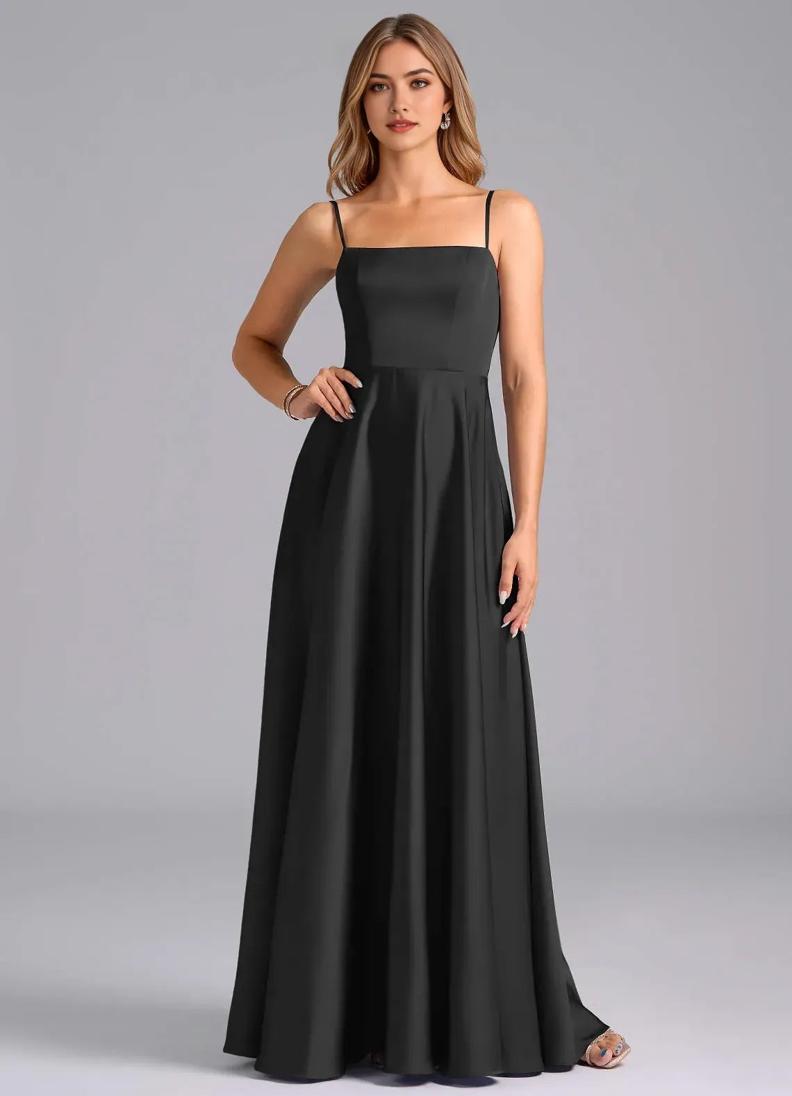 Alluring A Line Square Neck Spaghetti Strap Open Back Floor Length Bridesmaid Dress