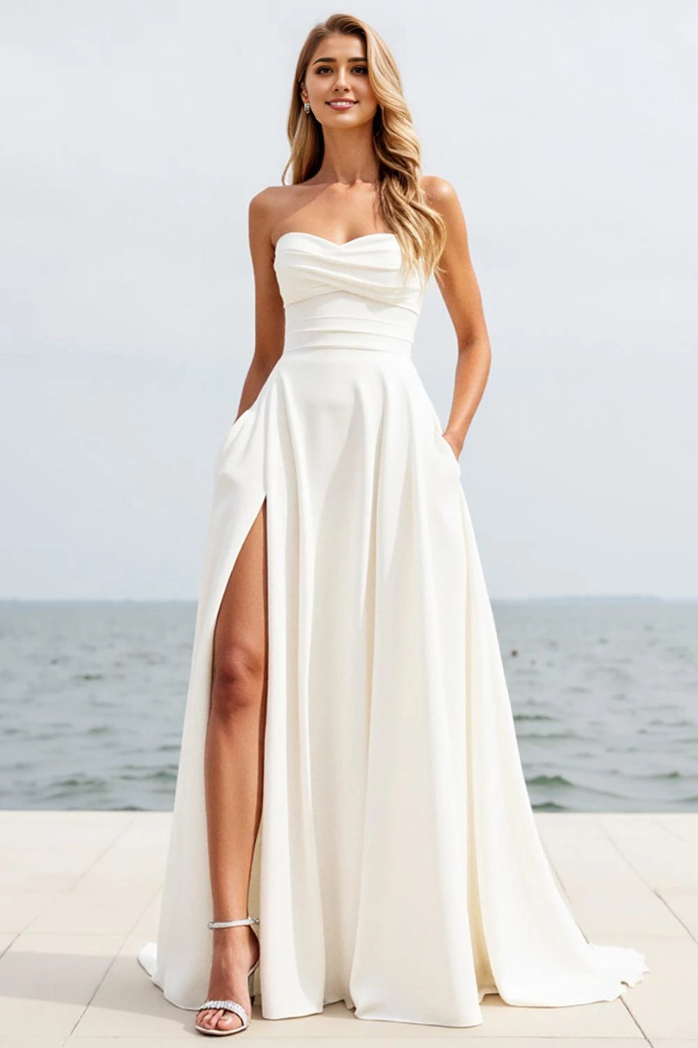 Alluring A Line Strapless Sleeveless Button Back Floor Length Wedding Dress