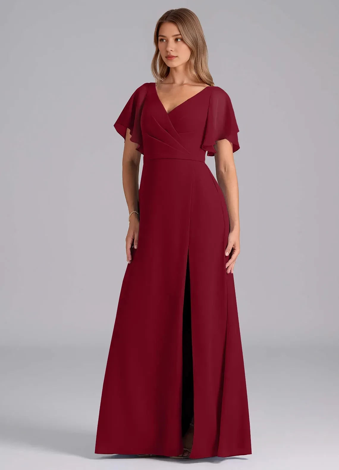 Alluring A Line V Neck Flutter Sleeve V Back Floor Length Bridesmaid Dress