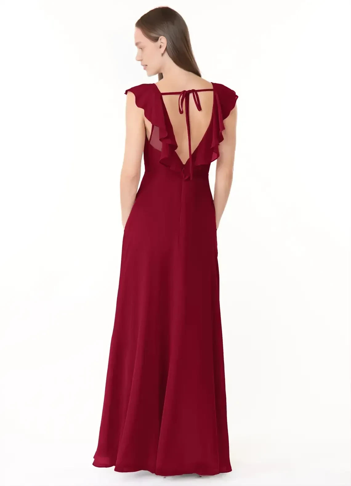 Alluring A Line V Neck Ruffled Sleeve Tie Back Floor Length Bridesmaid Dress