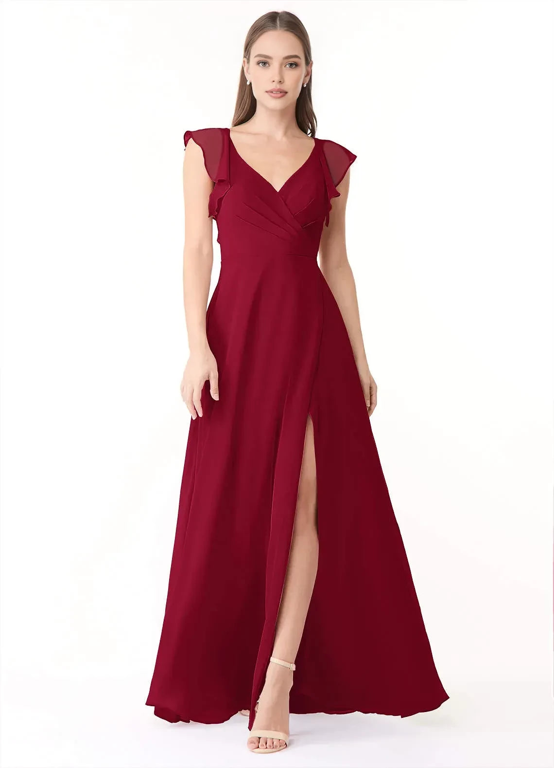 Alluring A Line V Neck Ruffled Sleeve Tie Back Floor Length Bridesmaid Dress