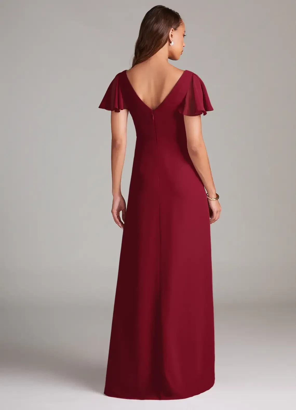 Alluring A Line V Neck Ruffled Sleeve Zip Back Floor Length Bridesmaid Dress