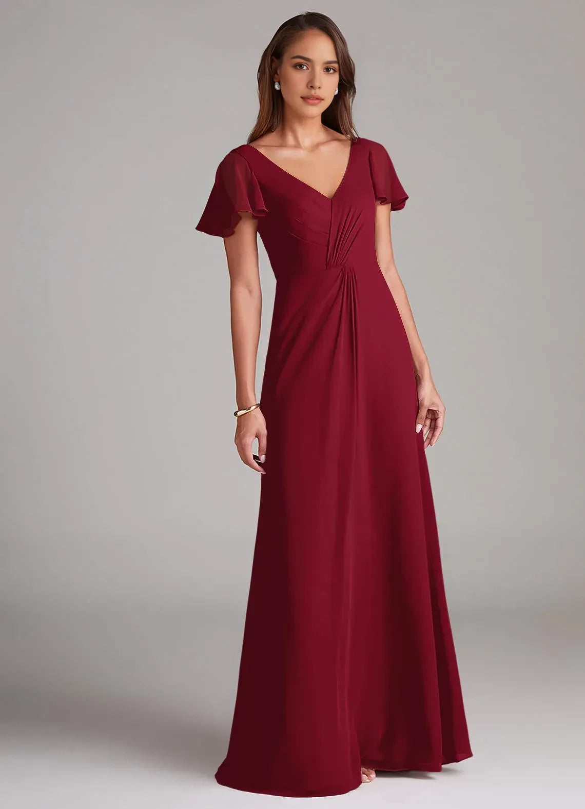 Alluring A Line V Neck Ruffled Sleeve Zip Back Floor Length Bridesmaid Dress