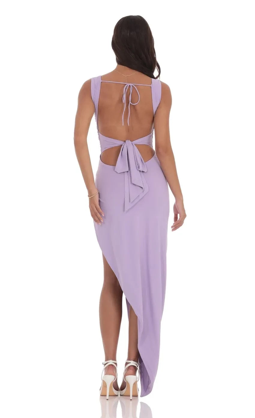 Alluring Asymmetrical Square Neck Sleeveless Bow Back High Low Evening Dress