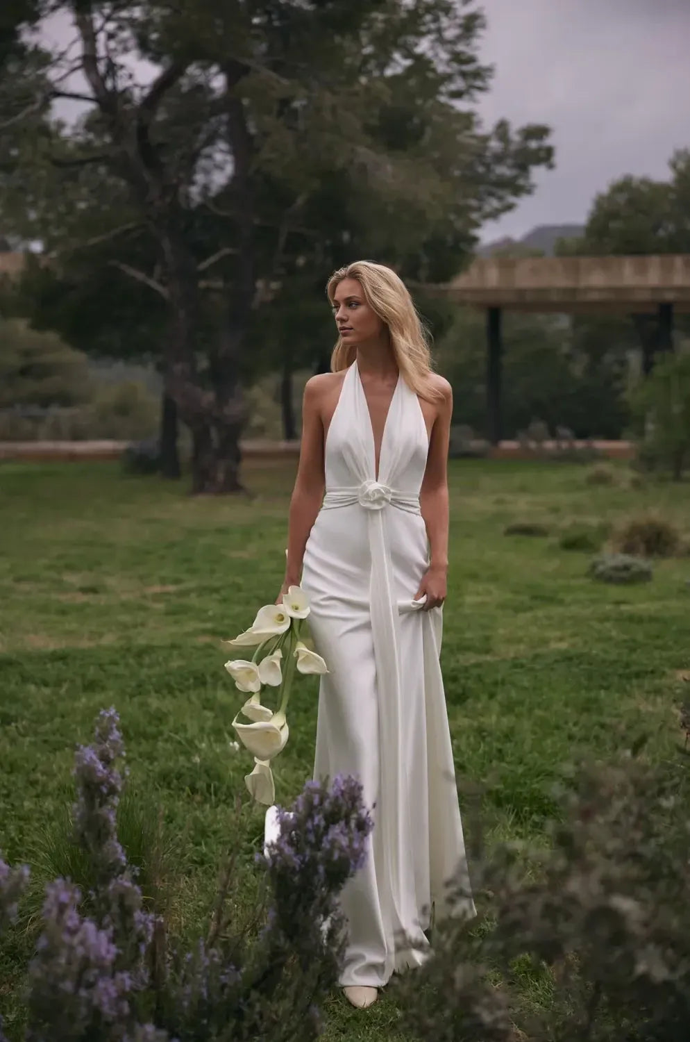 Alluring Halter Neck Sleeveless Open Back Train Length Wedding Dress