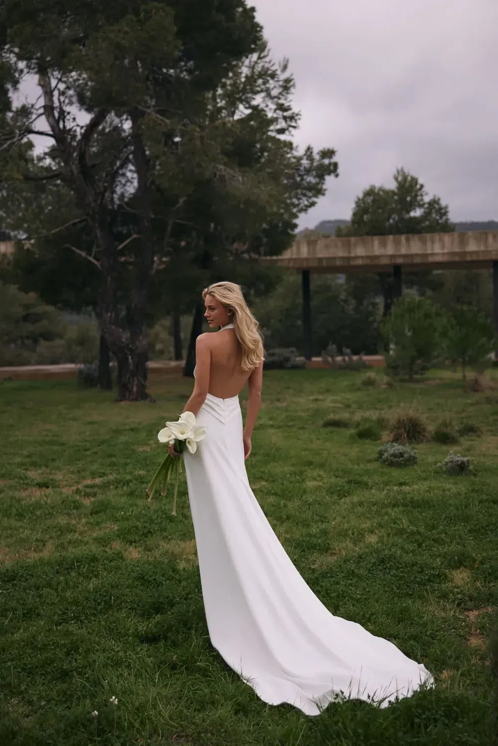 Alluring Halter Neck Sleeveless Open Back Train Length Wedding Dress