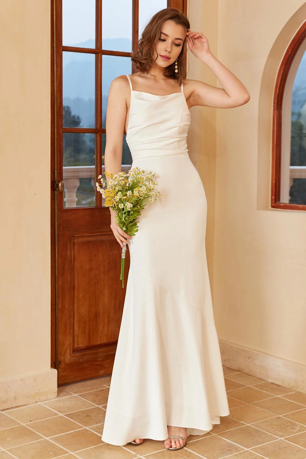 Alluring Mermaid Cowl Neck Spaghetti Strap Tie Back Maxi Wedding Dress