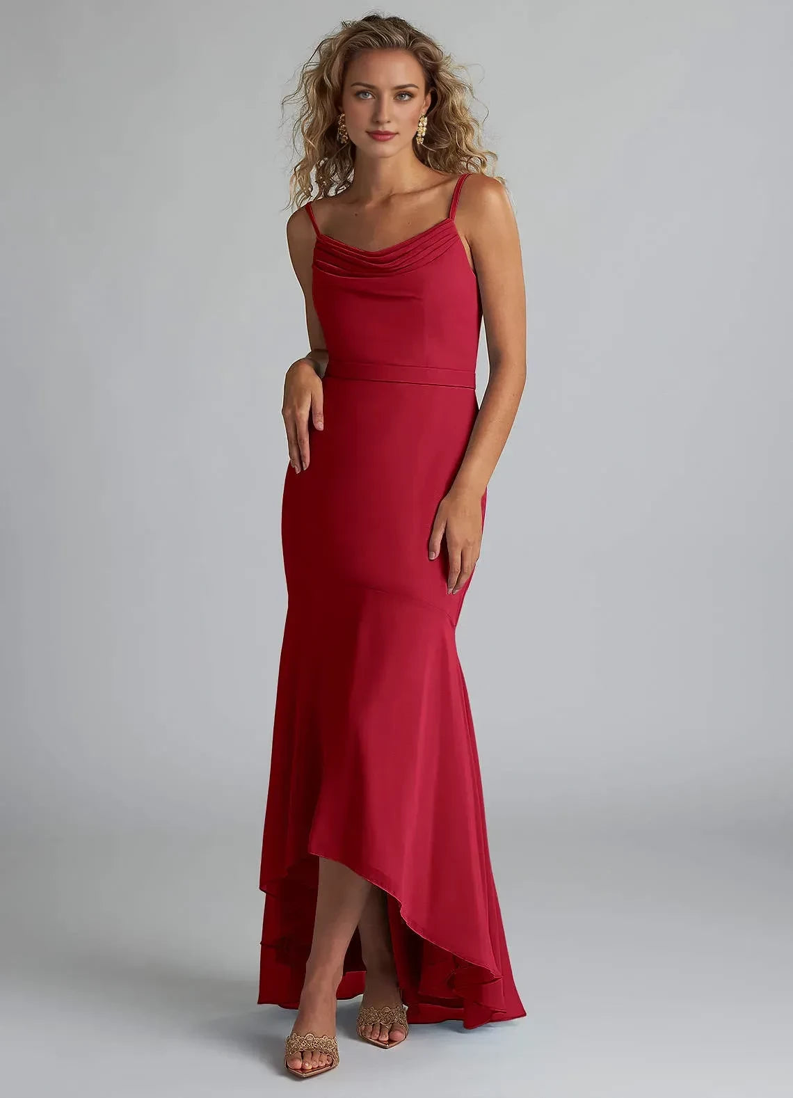 Alluring Mermaid Cowl Neck Spaghetti Strap Zipper Back High Low Bridesmaid Dress