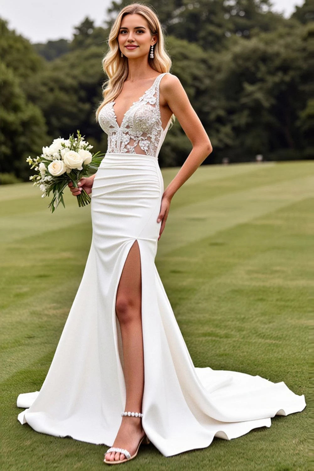 Alluring Mermaid Deep V Neck Sleeveless Lace Back Floor Length Wedding Dress