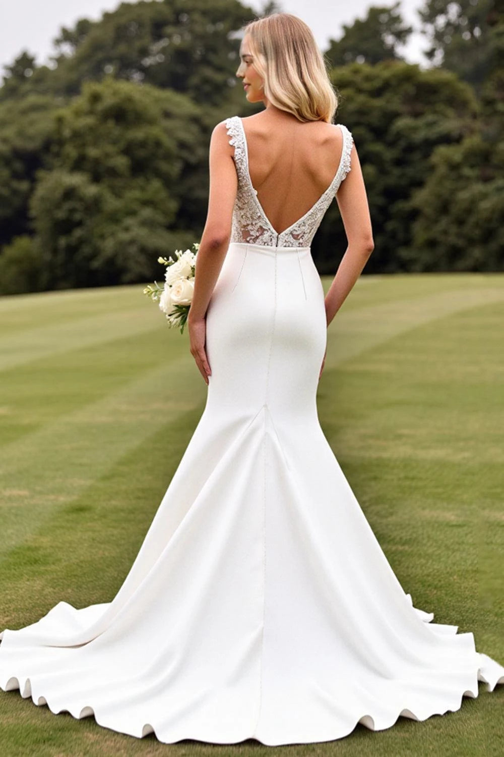 Alluring Mermaid Deep V Neck Sleeveless Lace Back Floor Length Wedding Dress