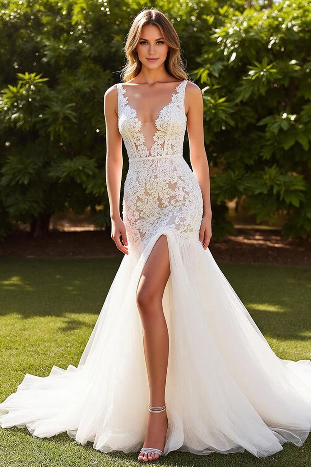 Alluring Mermaid Deep V Neck Sleeveless Lace Up Back Floor Length Wedding Dress