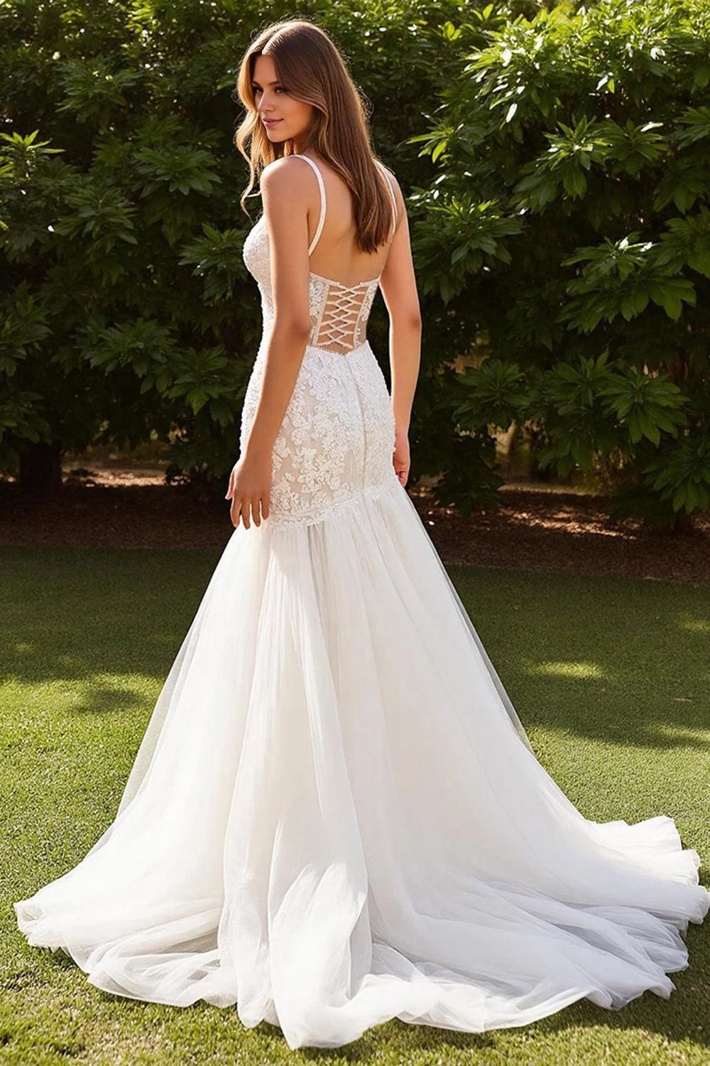 Alluring Mermaid Deep V Neck Sleeveless Lace Up Back Floor Length Wedding Dress