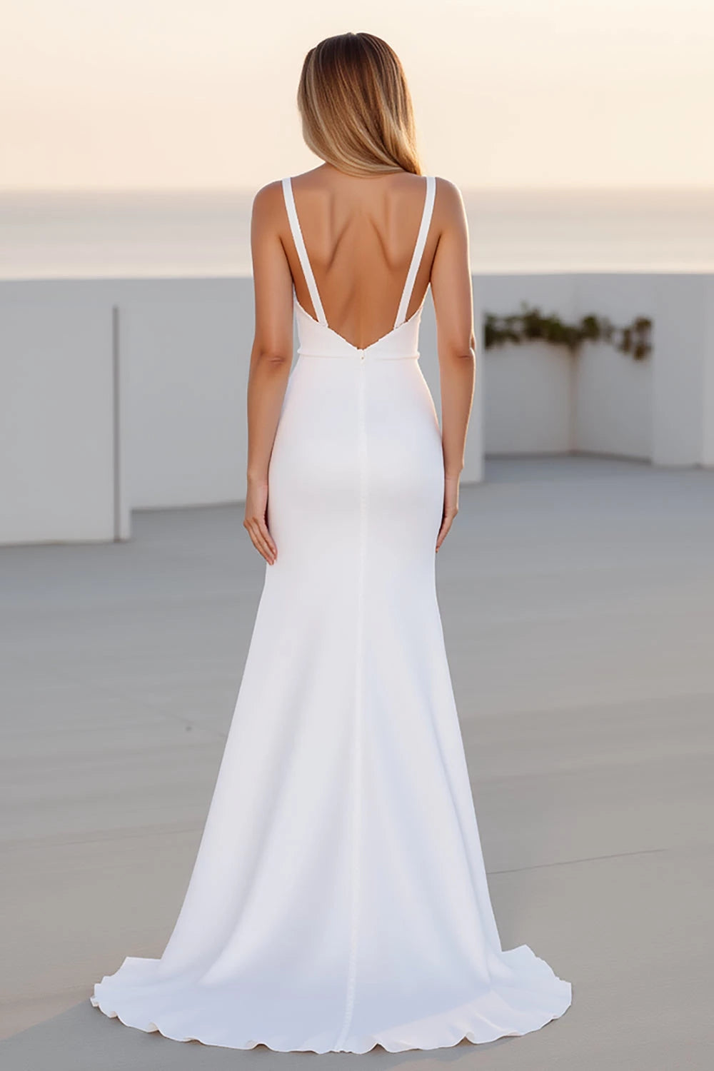 Alluring Mermaid Deep V Neck Spaghetti Strap Plunging Back Floor Length Wedding Dress
