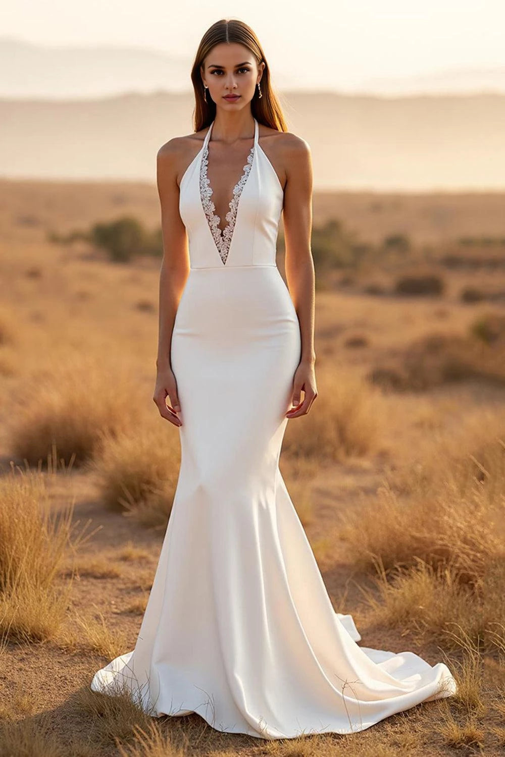 Alluring Mermaid Halter Neck Sleeveless Open Back Floor Length Wedding Dress