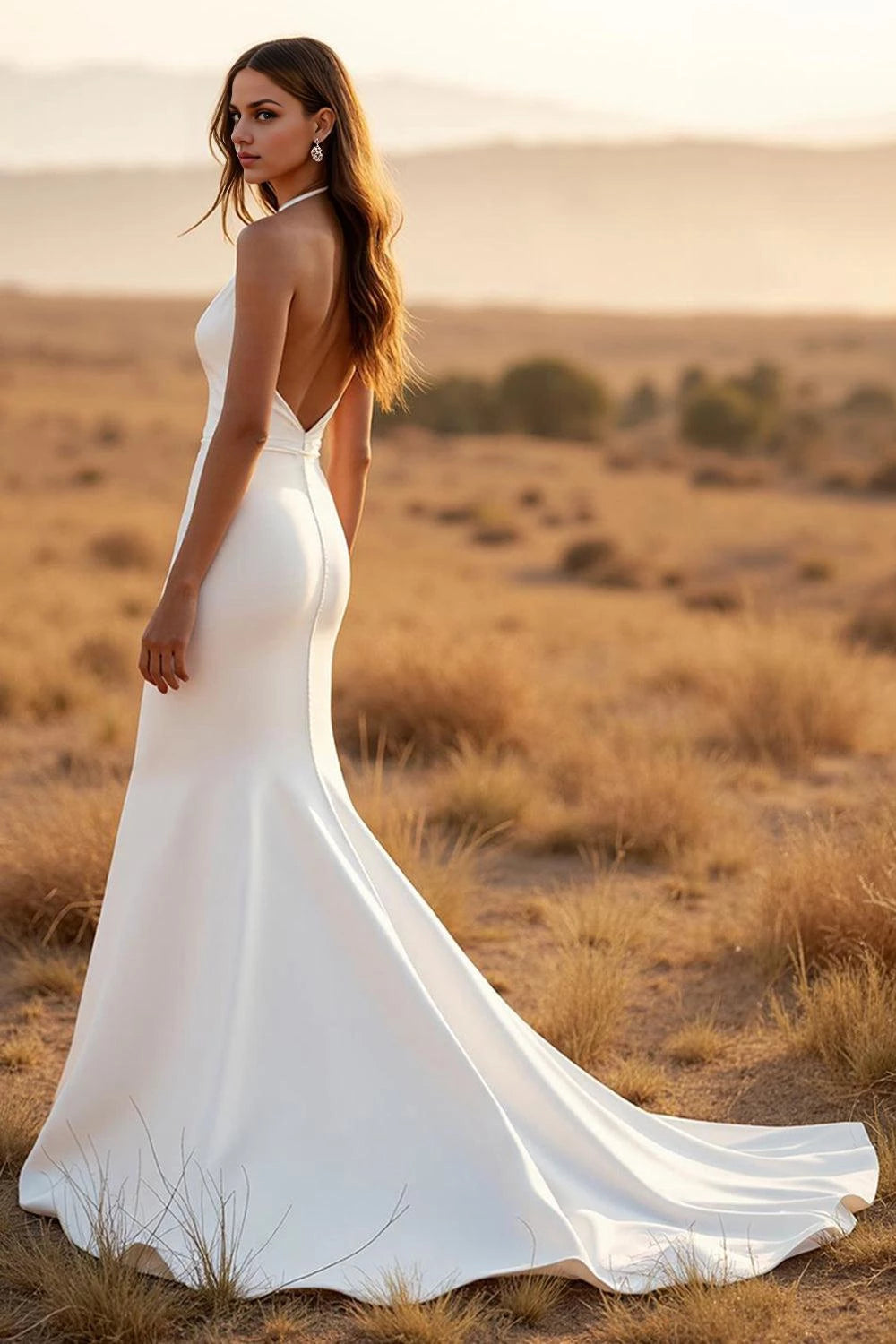 Alluring Mermaid Halter Neck Sleeveless Open Back Floor Length Wedding Dress