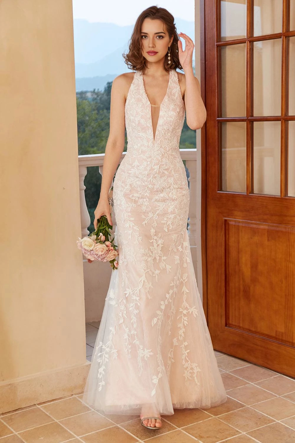 Alluring Mermaid Halter Neck Sleeveless Zipper Back Floor Length Wedding Dress