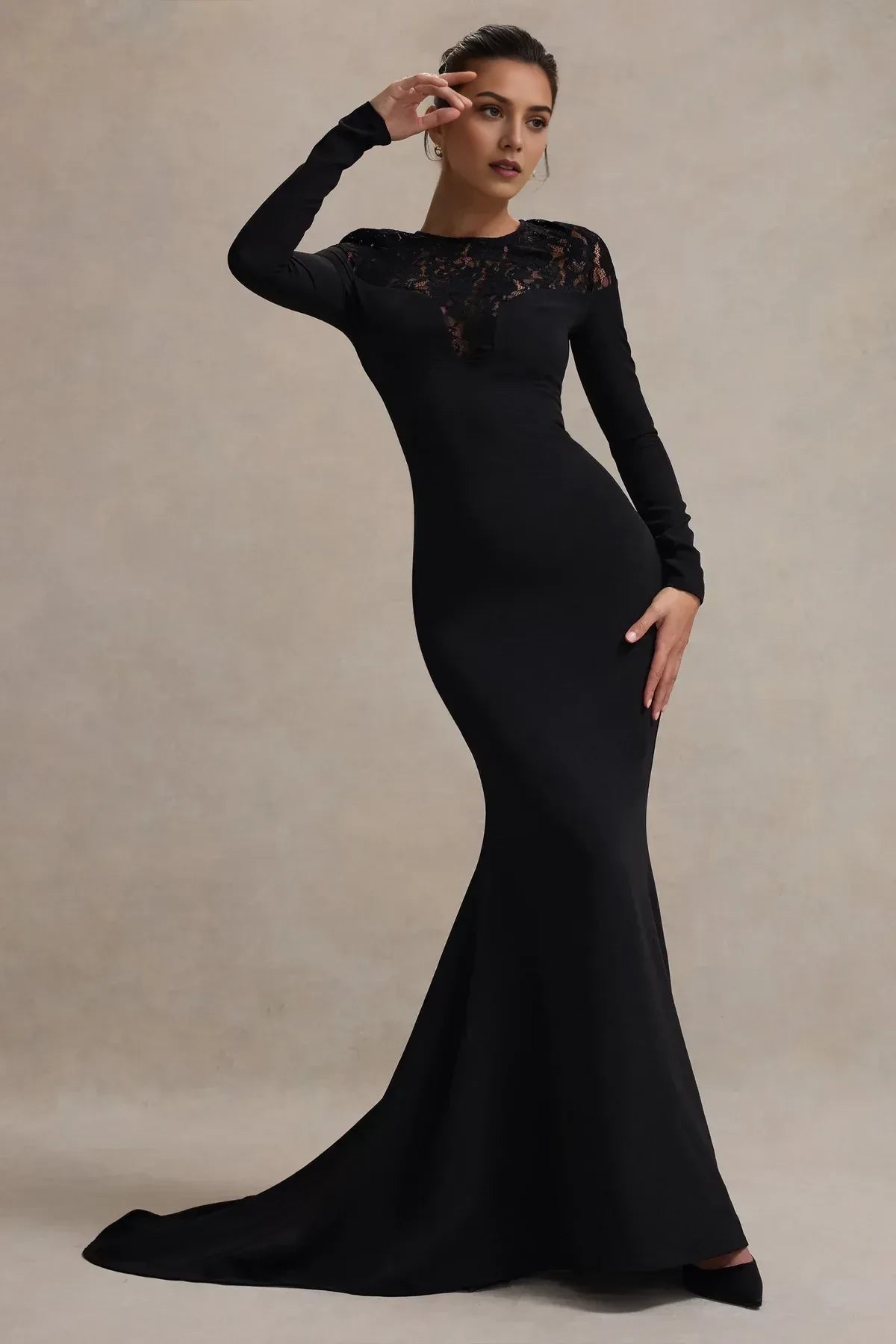 Alluring Mermaid Lace Yoke Long Sleeve Zipper Back Floor Length Evening Dress