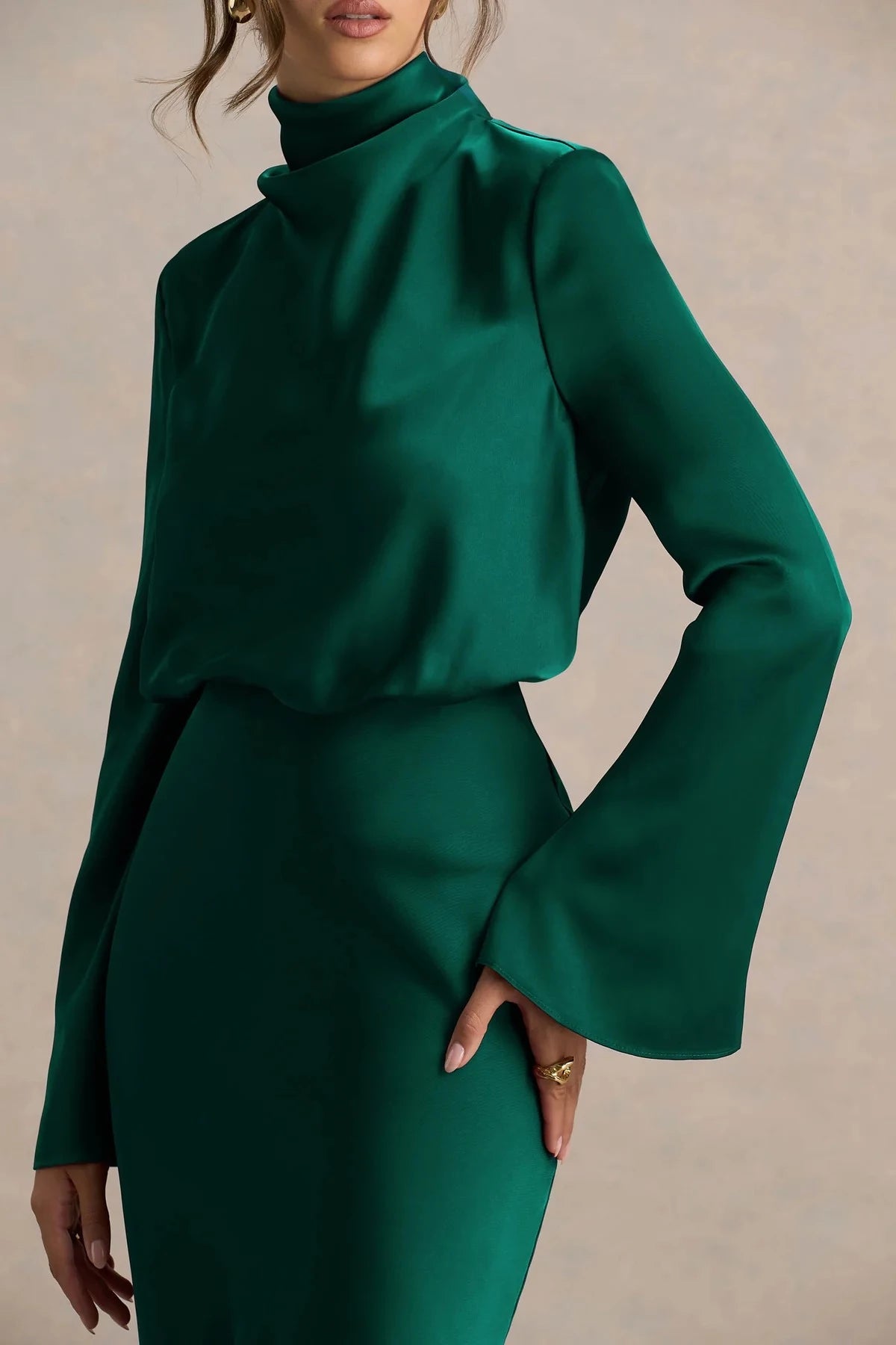 Alluring Mermaid Mock Neck Bell Sleeve Tie Back Floor Length Evening Dress