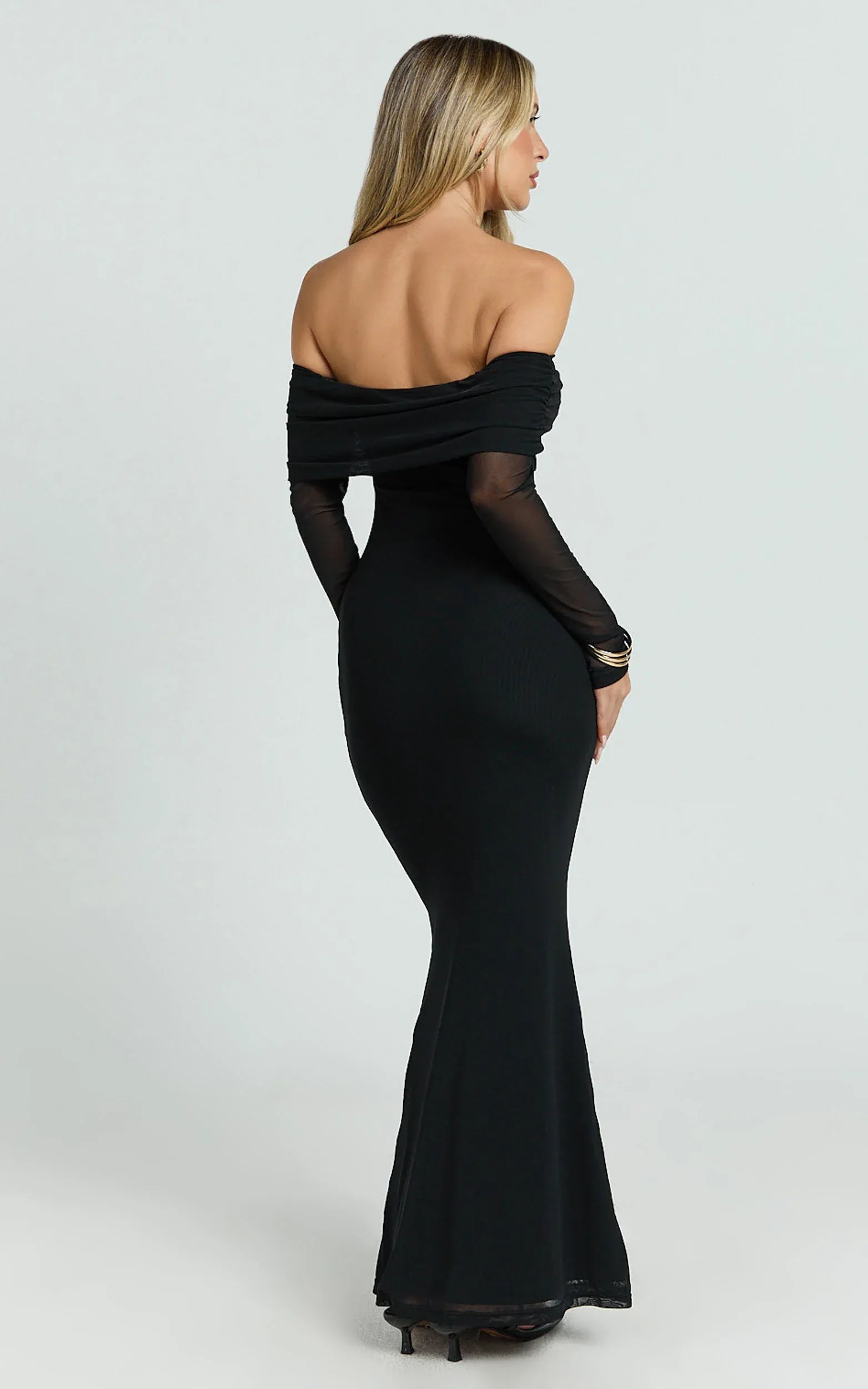 Alluring Mermaid Off Shoulder Long Sleeve Open Back Floor Length Plus Size Evening Dress