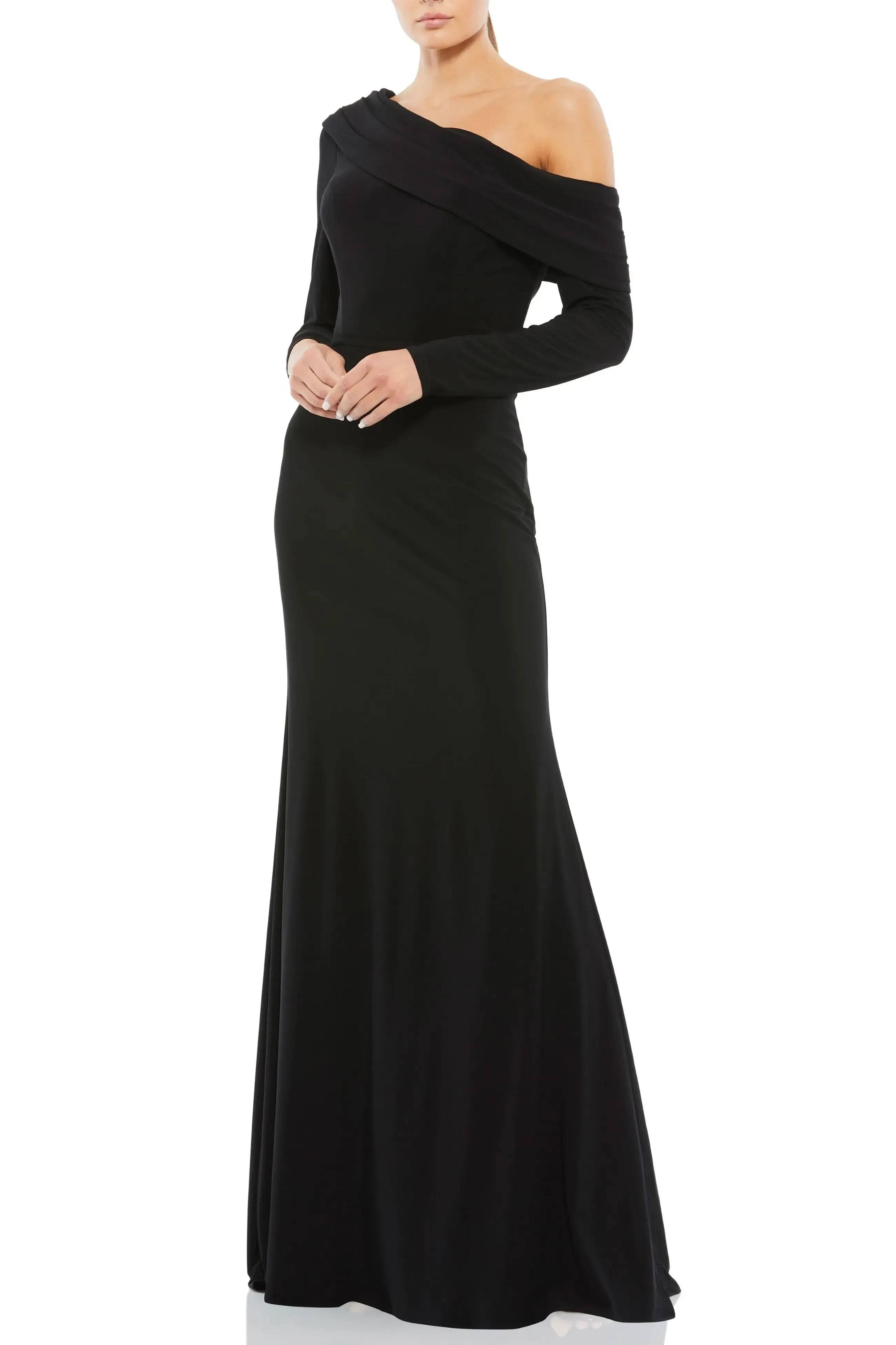 Alluring Mermaid One Shoulder Long Sleeve Ruched Back Floor Length Evening Dress
