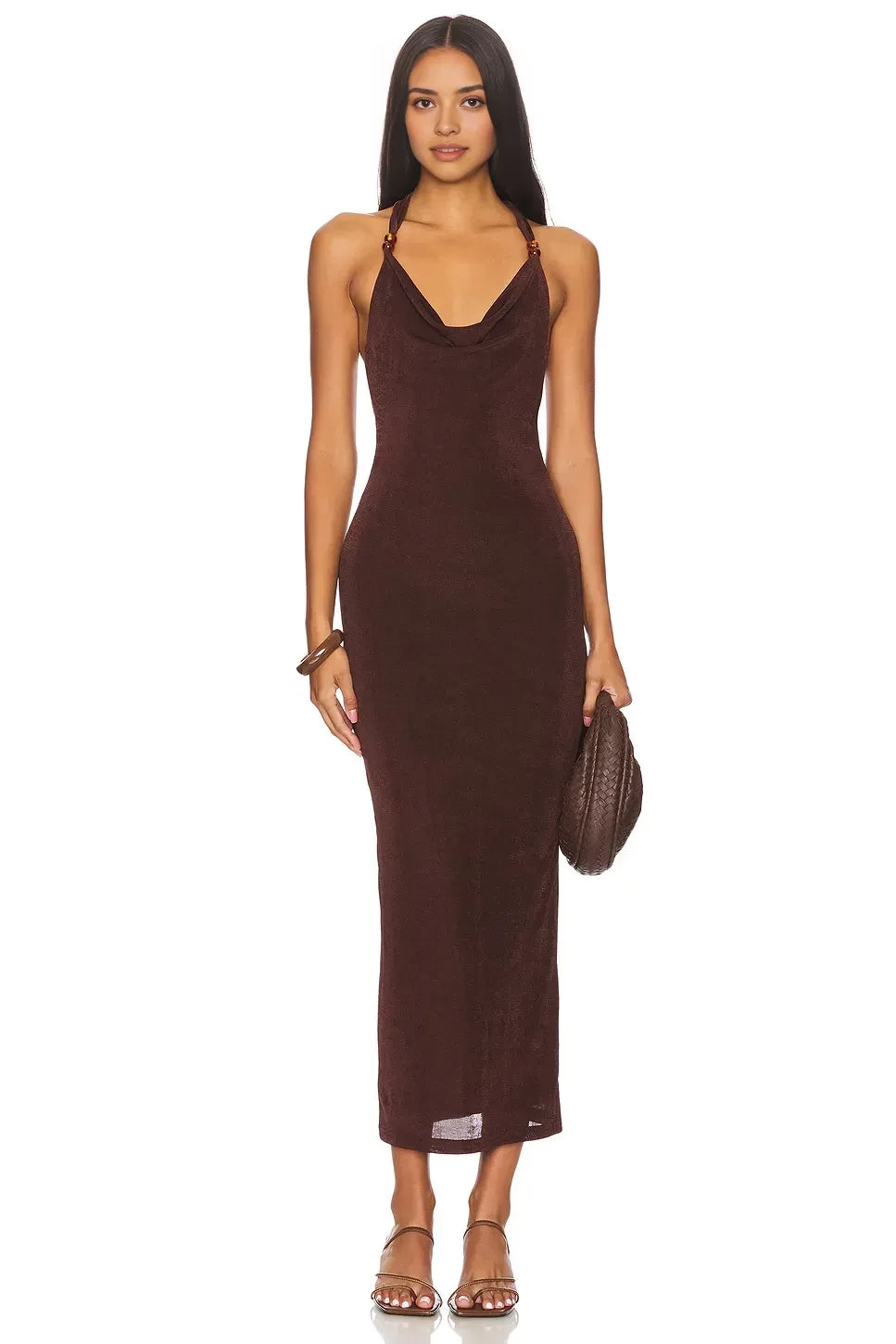 Alluring Sheath Cowl Halter Neck Sleeveless Cutout Back Midi Evening Dress